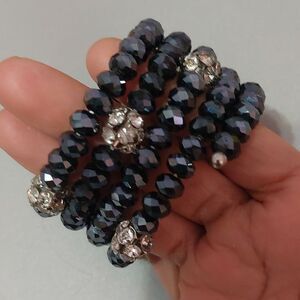 Midnight Blue Swarovski Like Beads with Rhinestone Balls Wide Coil Bracelet